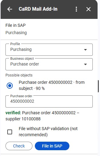 CaRD Mail Add-In als Gmail-Seitenleiste: erkannte Bestellung 4500000002 mit 90 % Konfidenz, grün bestätigt mit Lieferant, und die Schaltfläche „In SAP ablegen