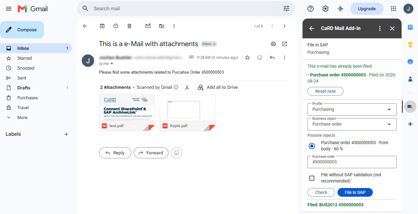 CaRD Mail Add-In als Seitenleiste in Gmail: geöffnete E-Mail mit zwei Anhängen, rechts die erkannte Bestellung und die Bestätigung der erfolgten Ablage